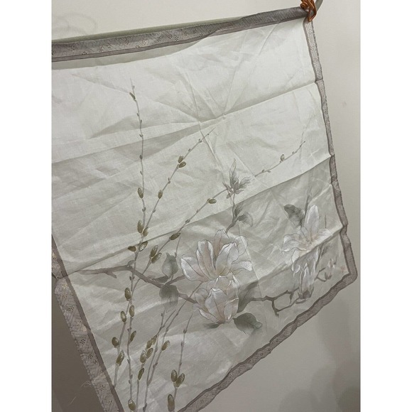 Vintage Mid Century Scarf Handkerchief Hanky Cream Tan Flower - Picture 10 of 10